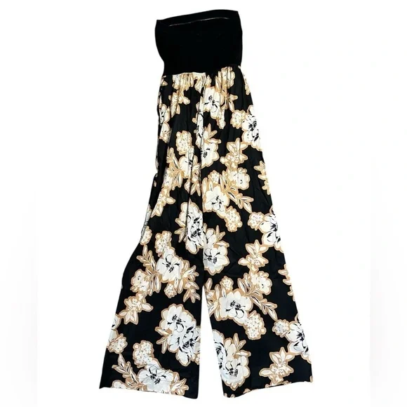 Evereve Miley ribbed bodice wide leg black floral Jumpsuit size M - Picture 6 of 6